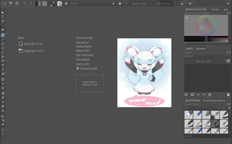 Krita предлага професионални възможности за обработка на изображения. Скийншот: Krita