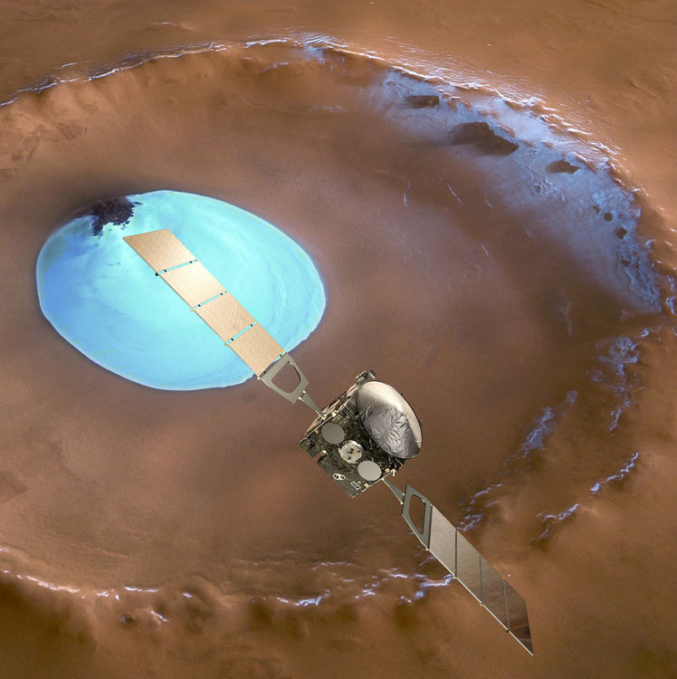 Mars Express над воден лед в кратера Пилар. Кредит: ESA