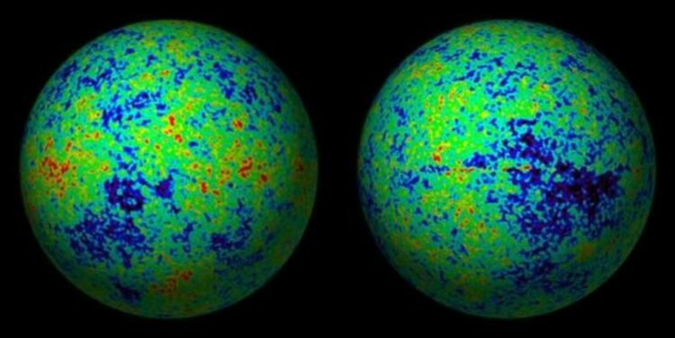 Небесни модели. Моделите MOND, които не изискват тъмна материя, преди това не можеха да възпроизведат температурните вариации, измерени в космическия микровълнов фон (показан тук), реликтово къчение от Големия взрив.Но сега изследователите създадоха вдъхновен от MOND модел, който съответства на тези данни точно както моделите на тъмната материя. Кредит: https://physics.aps.org/articles/v14/143